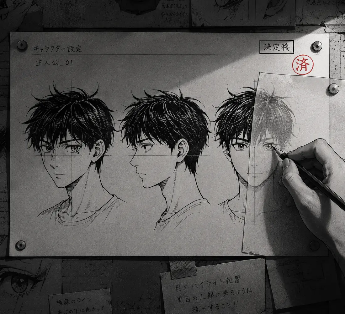 A character reference sheet showing the same face drawn from three angles