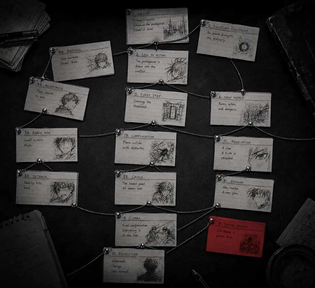 A wall of storyboard thumbnails pinned in a grid